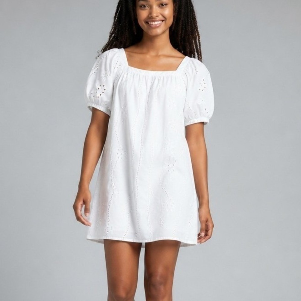 Emery Rose White Eyelet Embroidered Puff Sleeve Mini Dress Square Neck Womens M